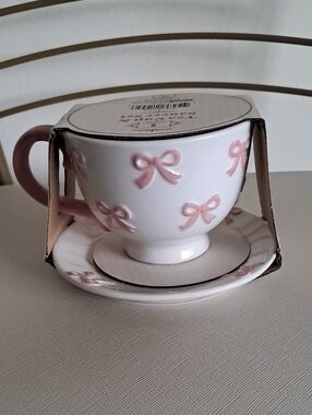 Crescent Pink Bow White Teacup and Saucer Set